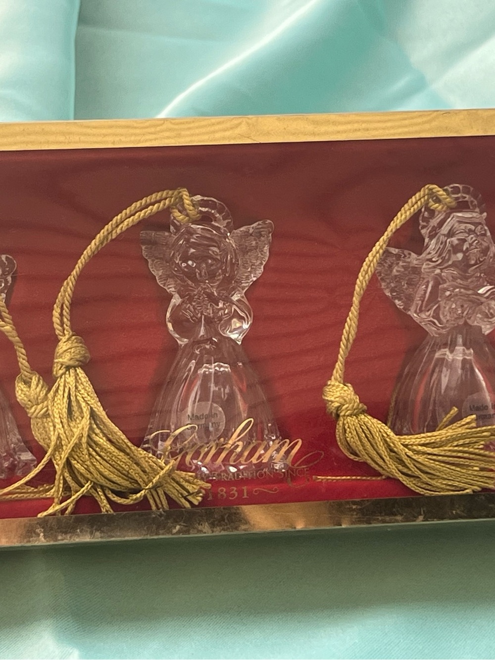Vintage Gorham Crystal Angel Ornaments Set Of 3, Germany, Gold Tassel, Boxed